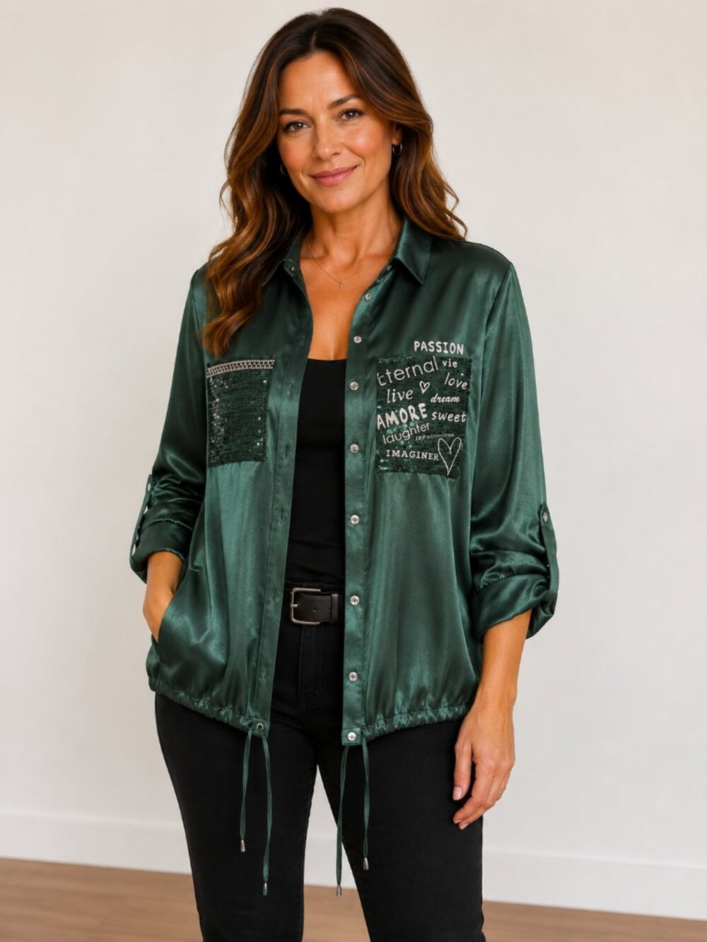 Frank Lyman Emerald Green Blouse XL NWT Crystal Buttons Sequin Pockets